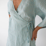 Mia Wrap Mini Dress- Blue Beige Gingham