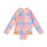 Rainbow Gingham Long Sleeve Frill Swimsuit