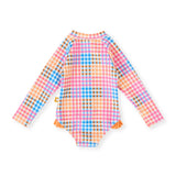 Rainbow Gingham Long Sleeve Frill Swimsuit