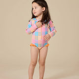 Rainbow Gingham Long Sleeve Frill Swimsuit