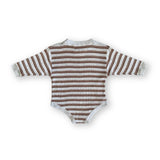 Organic Ribbed Stripe Knit Romper - Grey Marle/Brown