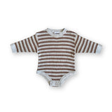 Organic Ribbed Stripe Knit Romper - Grey Marle/Brown