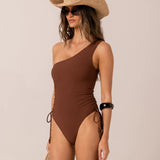 One Shoulder Ruched One Piece - Choc