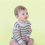 Organic Ribbed Stripe Knit Romper - Grey Marle/Brown