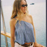 One Shoulder Tie Top -  Blue Gingham