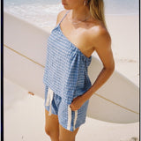 One Shoulder Tie Top -  Blue Gingham